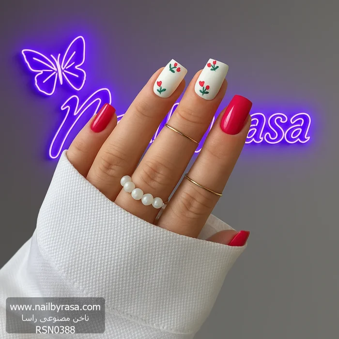 ناخن مصنوعی راسا طرح آلبالو رنگ قرمز فرم مربع