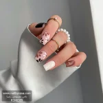 ناخن مصنوعی راسا طرح گل رنگ کرم قهوه ای فرم مربع RSH17