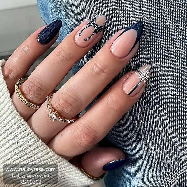 ناخن مصنوعی زمستانی طرح پاپیون و برف و فرنچ برجسته