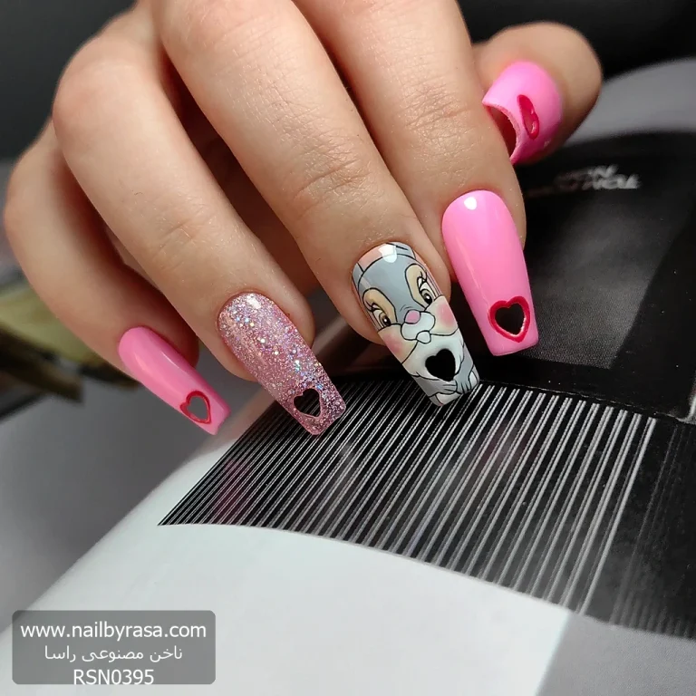 ناخن مصنوعی راسا طرح خرگوش و قلب رنگ صورتی