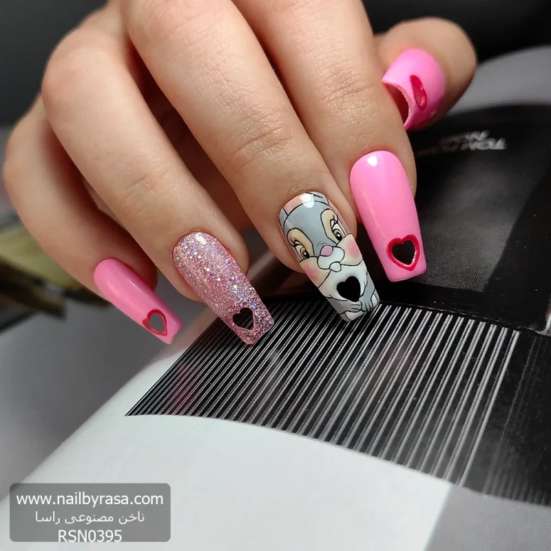 ناخن مصنوعی راسا طرح خرگوش و قلب رنگ صورتی