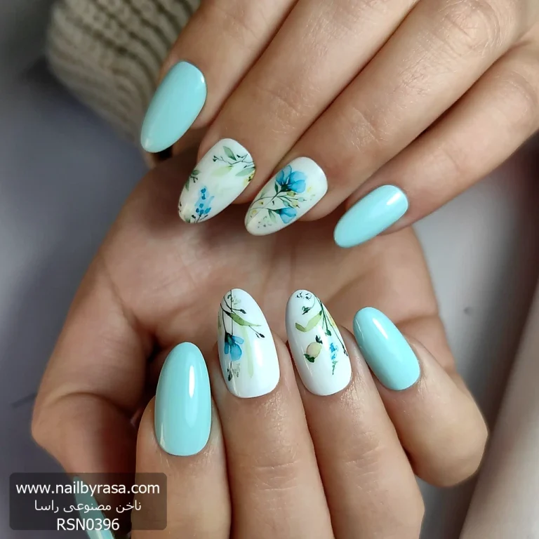 ناخن مصنوعی راسا طرح گل آبرنگی رنگ آبی پاستیلی