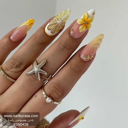 ناخن مصنوعي تابستونی راسا مدل گل و لیمو رنگ زرد