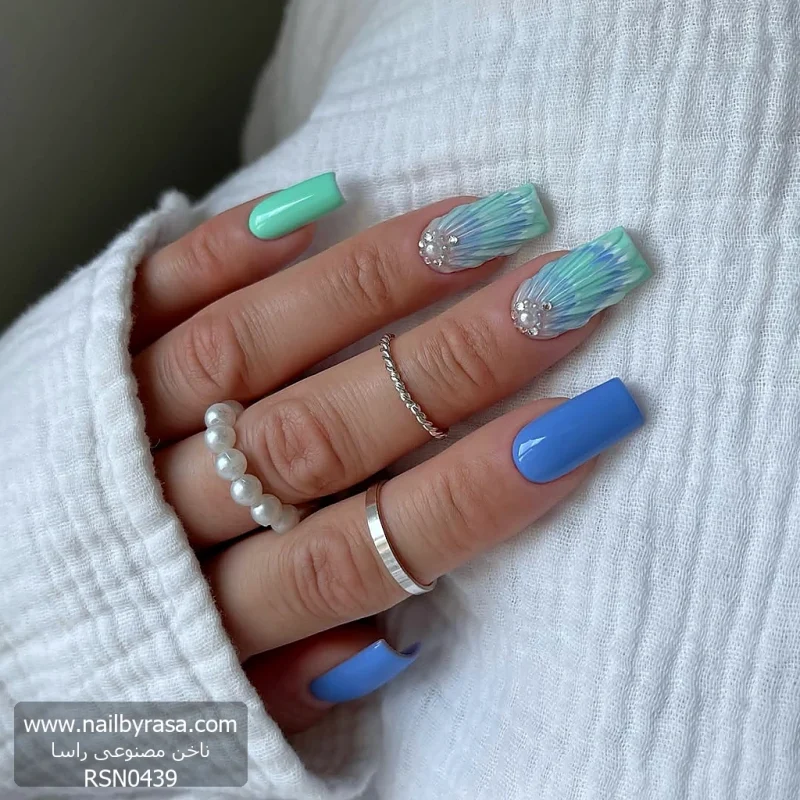 ناخن مصنوعي راسا طرح صدف رنگ آبی و سبز آبی
