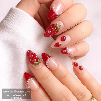 ناخن مصنوعي راسا طره توت فرنگی و فرنچ رنگی قرمز