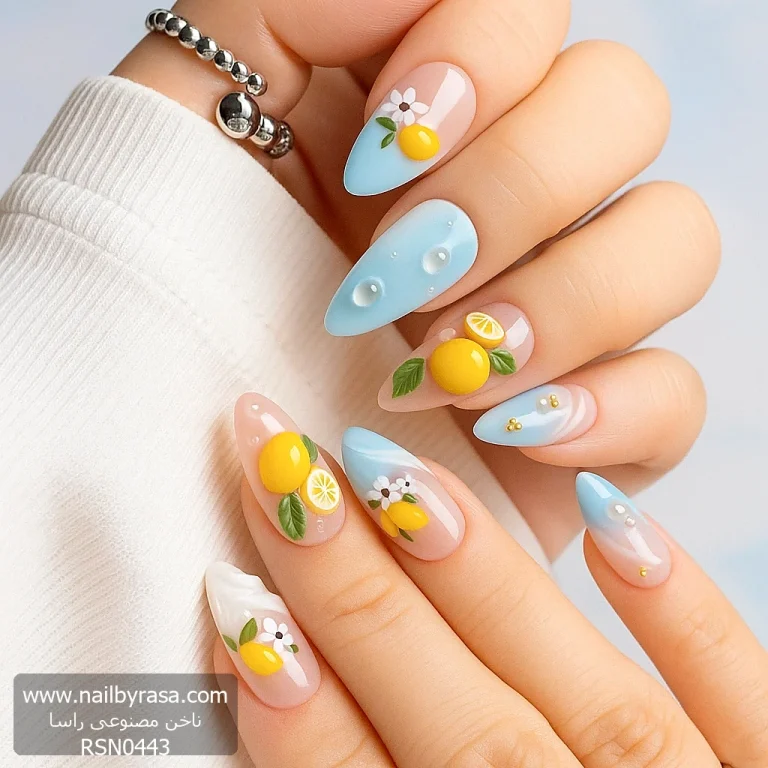 ناخن مصنوعي راسا طرح لیمو رنگ زرد و آبی
