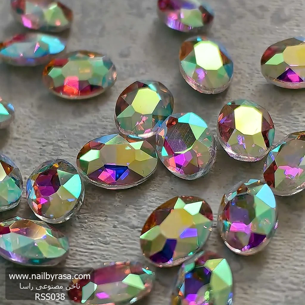 RSS038 استیکر برجسته ناخن راسا طرح بیضی کریستالی هفت رنگ بزرگ
