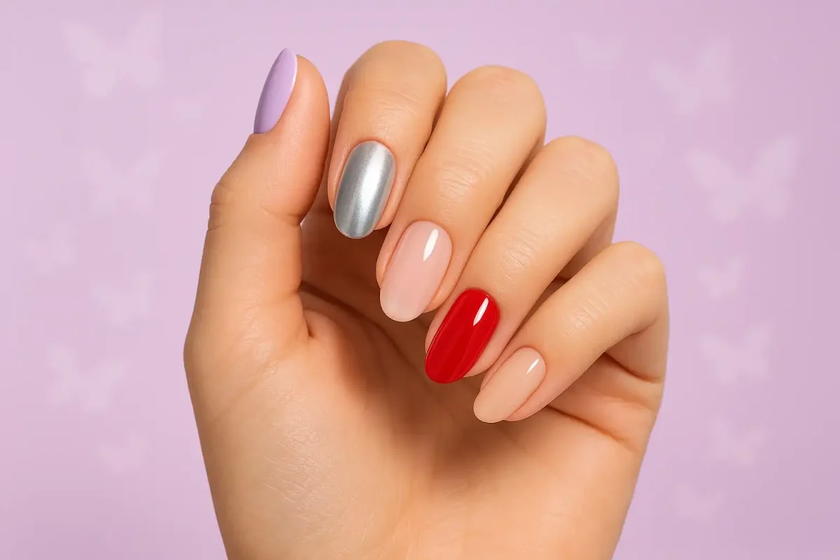 دست زنانه طبیعی با مجموعه‌ای از ناخن‌های مصنوعی در رنگ‌های ترند سال ۲۰۲۵ روی پس‌زمینه یاسی برند راسا