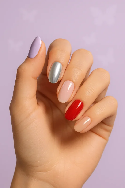 دست زنانه طبیعی با مجموعه‌ای از ناخن‌های مصنوعی در رنگ‌های ترند سال ۲۰۲۵ روی پس‌زمینه یاسی برند راسا