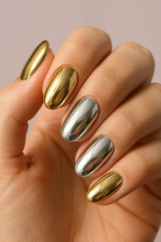 ناخن‌های کروم نقره‌ای و طلایی با انعکاس ملایم نور استودیویی روی پس‌زمینه بژ و یاسی