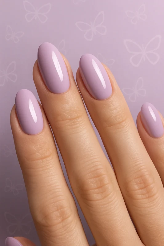 دست زنانه با ناخن‌های مصنوعی یاسی براق در نور ملایم استودیویی و پس‌زمینه برند راسا