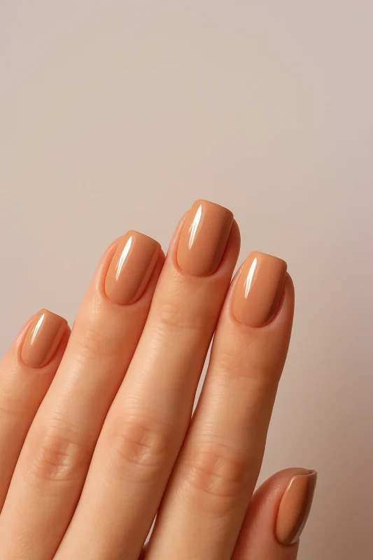 ناخن‌های مصنوعی کرمی گرم با درخشش طبیعی روی پس‌زمینه بژ و نور استودیویی