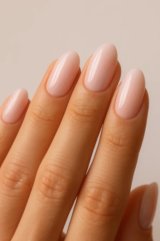 ناخن‌های صورتی شیری براق روی دست زنانه طبیعی با پس‌زمینه روشن و نور نرم