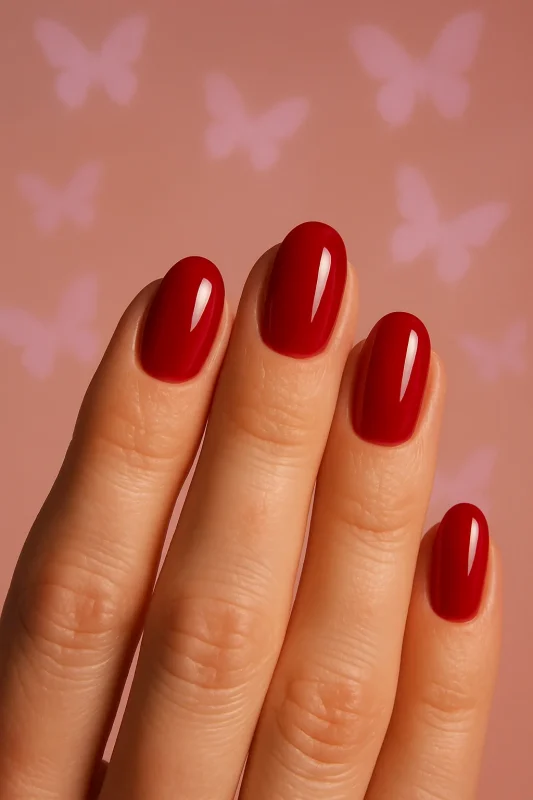 ناخن‌های قرمز گیلاسی براق روی پس‌زمینه گرم با طرح پروانه‌ای برند راسا