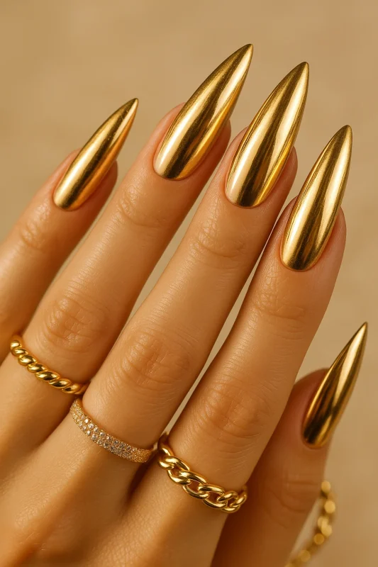 مدل ناخن بلند زنانه با طراحی مجلسی طلایی