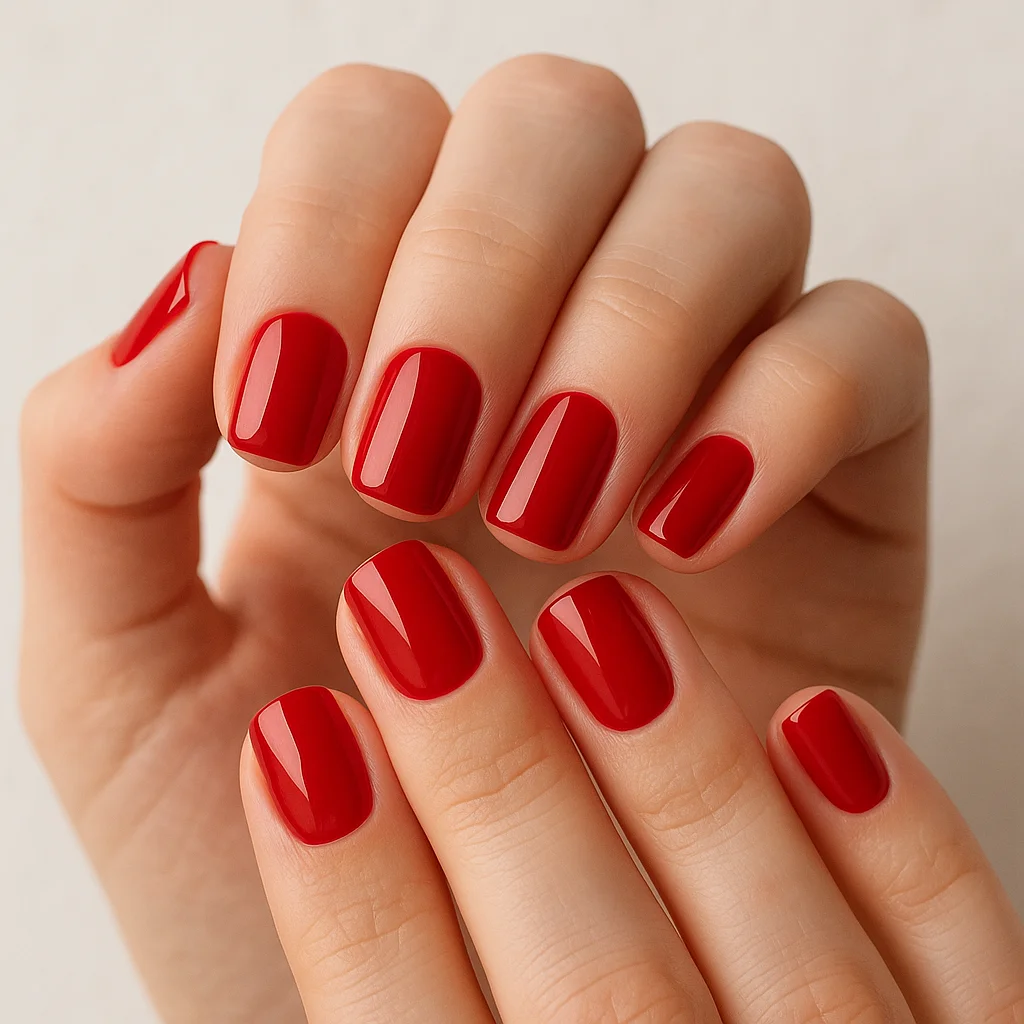 فرم ناخن مربعی کوتاه و مرتب با لاک قرمز کلاسیک