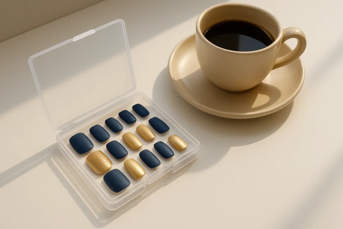 چیدمان زیبای ناخن‌های مصنوعی قابل استفاده مجدد در کنار فنجان قهوه