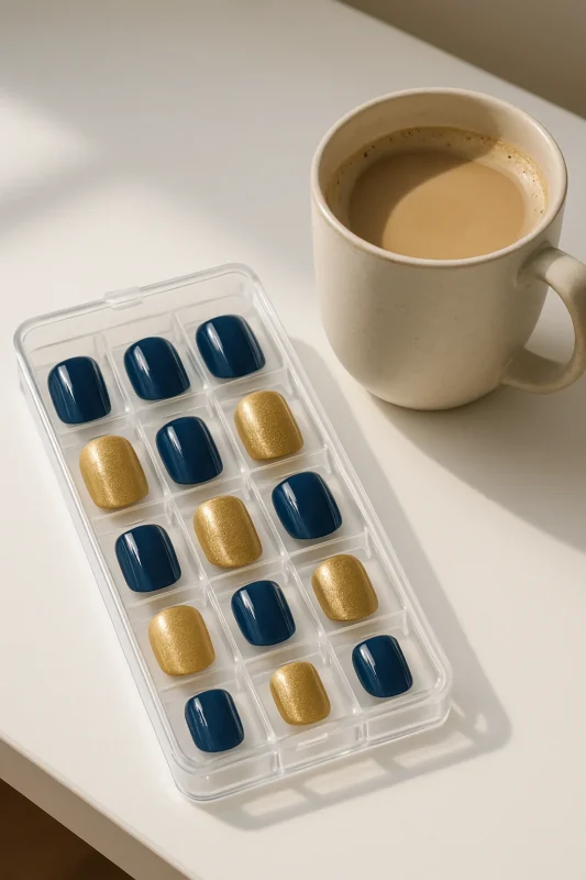 چیدمان زیبای ناخن‌های مصنوعی قابل استفاده مجدد در کنار فنجان قهوه