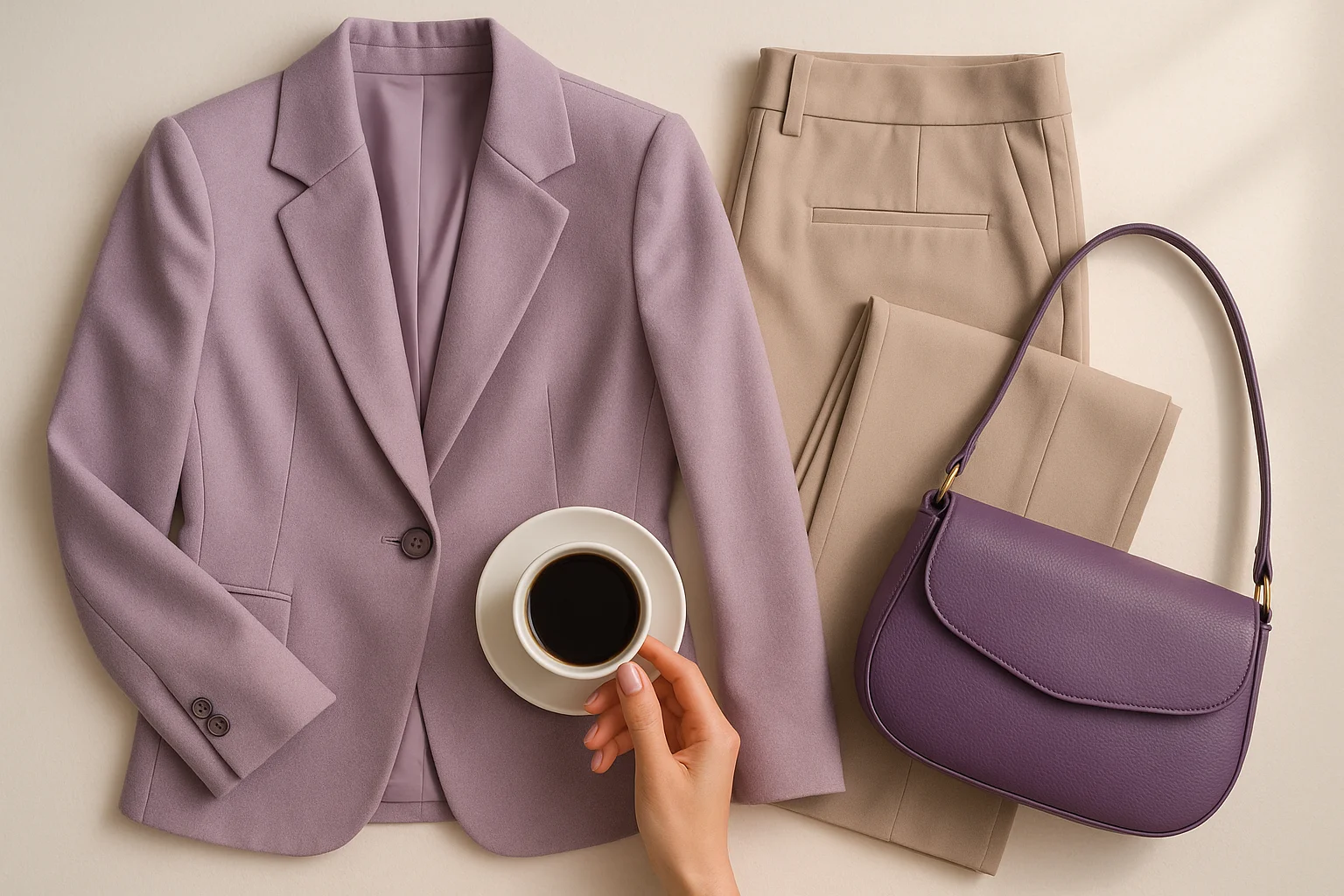 استایل بنفش و یاسی با مانتو یاسی و ناخن یاسی مینیمال برای سال ۱۴۰۴