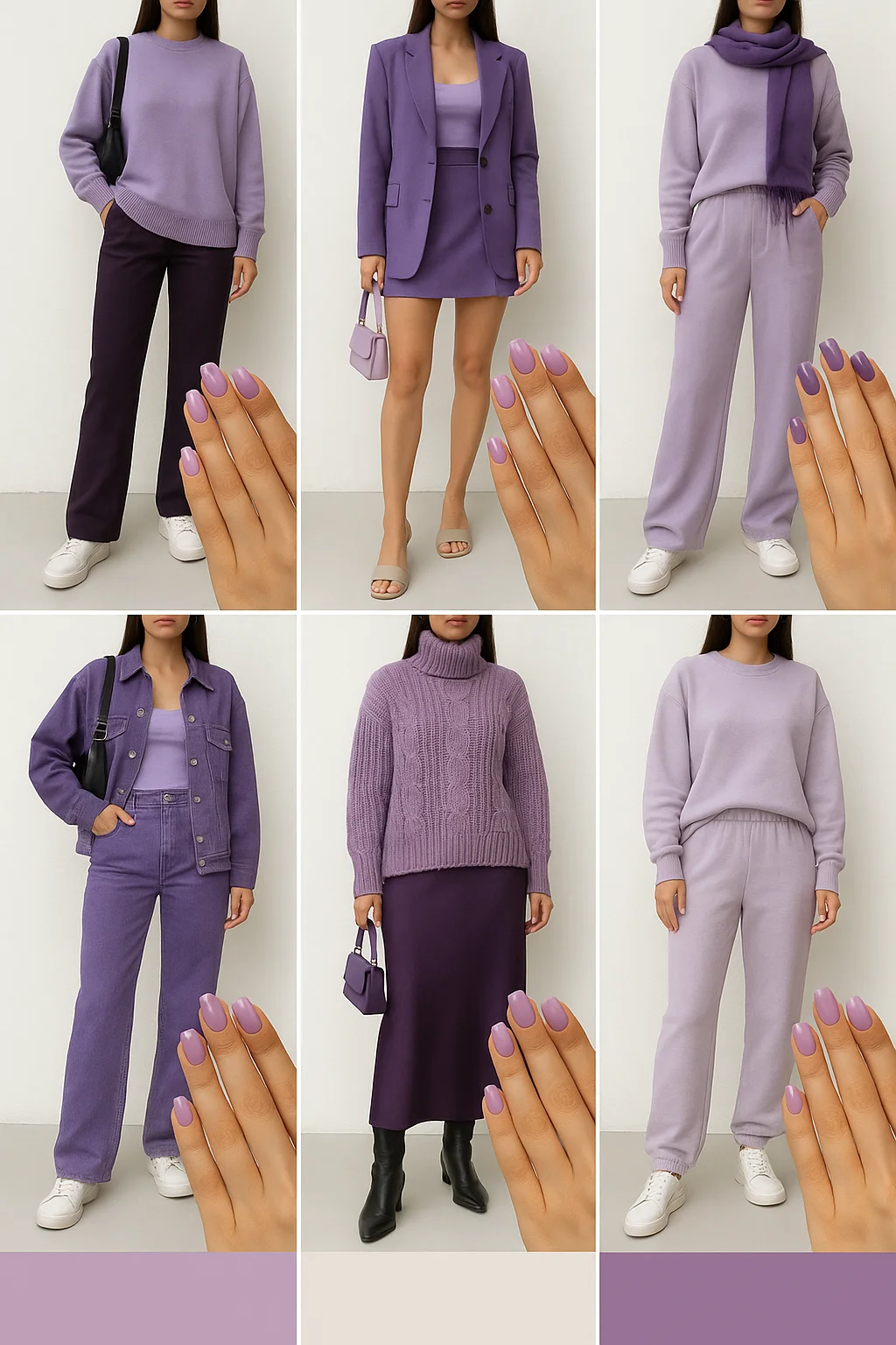 کالژ ۶ استایل بنفش و یاسی به همراه مانیکور بنفش و یاسی مناسب سال ۱۴۰۴