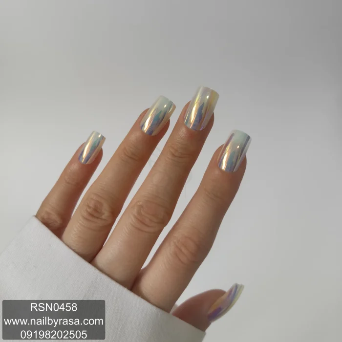 ناخن مصنوعی راسا فرم مربعی رنگ سفید صدفی کروم براق مدل RSN0458