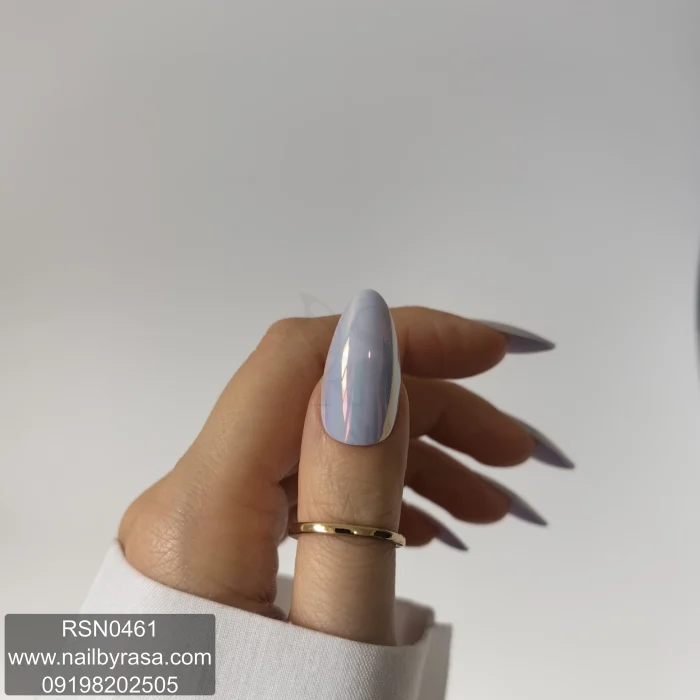 ناخن مصنوعی راسا فرم بادامی رنگ آبی صدفی کروم براق مدل RSN0461