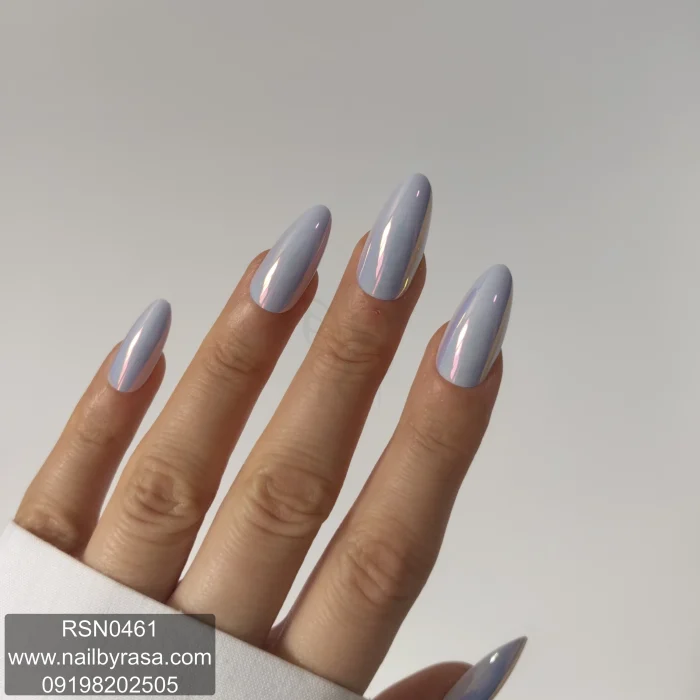 ناخن مصنوعی راسا فرم بادامی رنگ آبی صدفی کروم براق مدل RSN0461
