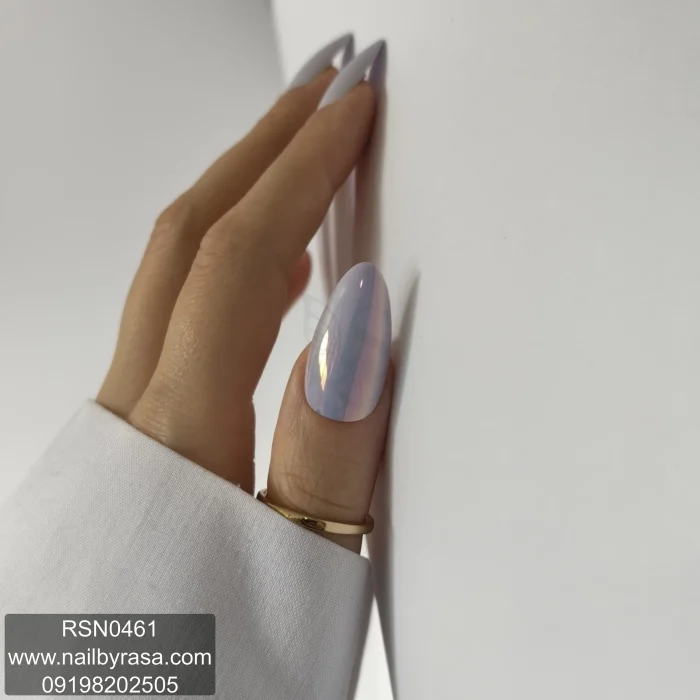 ناخن مصنوعی راسا فرم بادامی رنگ آبی صدفی کروم براق مدل RSN0461