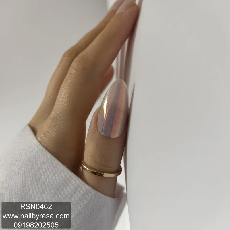 ناخن مصنوعی راسا فرم بادامی رنگ صورتی صدفی کروم براق مدل RSN0462