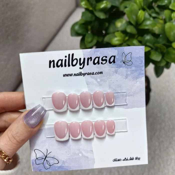ناخن مصنوعی راسا فرم مربع رنگ صورتی طرح فرنچ براق