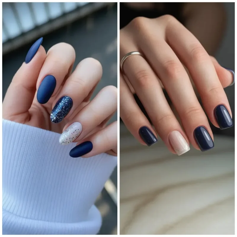 بهترین فرم ناخن برای رنگ سرمه‌ای و آبی تیره در محیط کار؛ بادامی کوتاه و مربعی کوتاه
