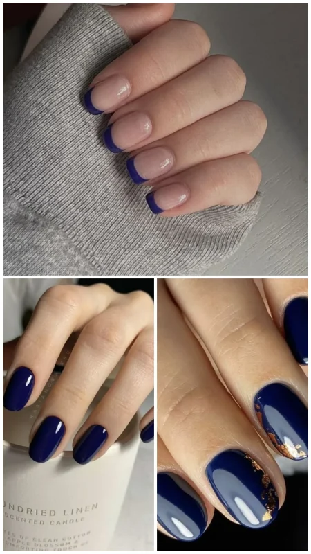 سه مدل ناخن سرمه‌ای اداری: یکدست، فرنچ مینیمال، خط متالیک ظریف