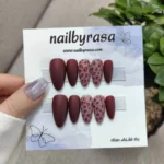 ناخن مصنوعی راسا فرم بادامی رنگ زرشکی و کرم طرح پلنگی مات مدل RSN0487