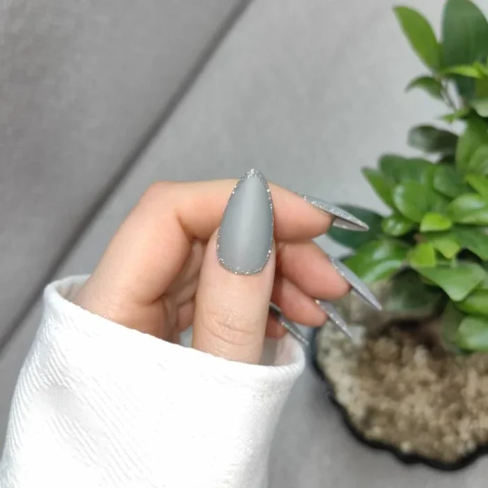 ناخن مصنوعی راسا فرم بادامی رنگ خاکستری فیلی طرح دورگیری نقره‌ای مات مدل RSN0489