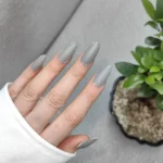 ناخن مصنوعی راسا فرم بادامی رنگ خاکستری فیلی طرح دورگیری نقره‌ای مات مدل RSN0489
