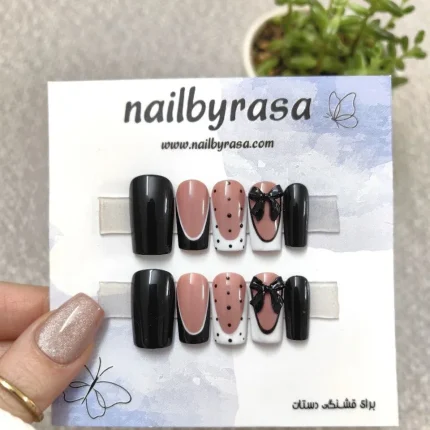 ناخن مصنوعی طرح پاپیون برجسته مشکی و فرنچ خال‌خالی براق مربعی متوسط راسا - RSN0499