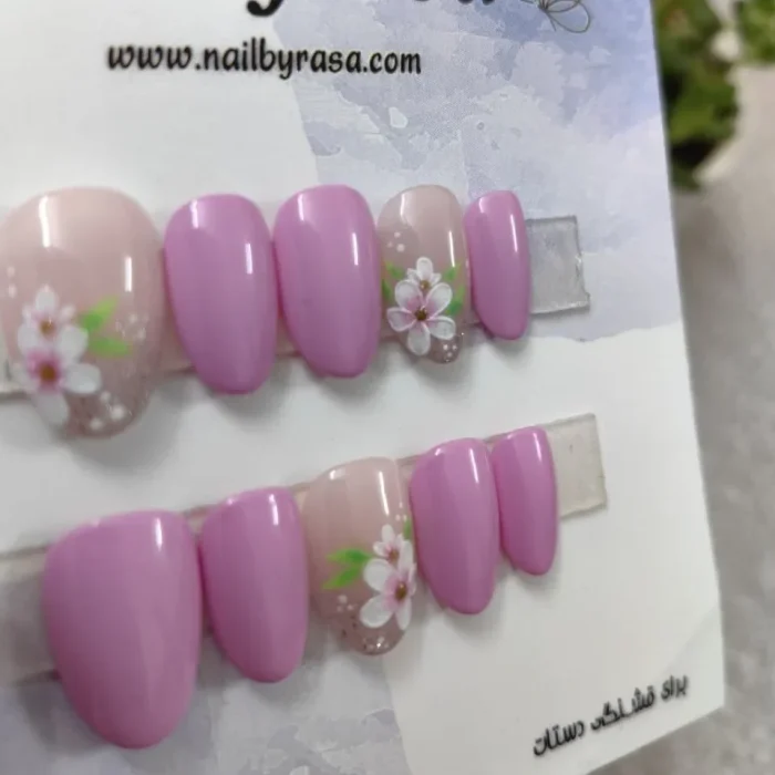 ناخن مصنوعی طرح گل بهاری و شاین ظریف بنفش صورتی براق بادامی راسا - RSN0503