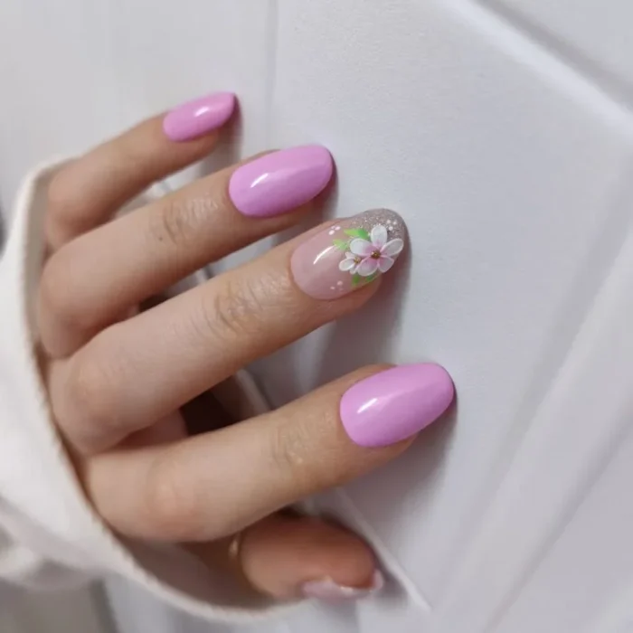 ناخن مصنوعی طرح گل بهاری و شاین ظریف بنفش صورتی براق بادامی راسا - RSN0503