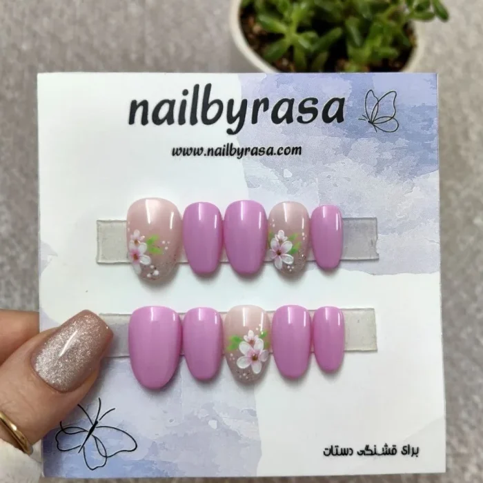 ناخن مصنوعی طرح گل بهاری و شاین ظریف بنفش صورتی براق بادامی راسا - RSN0503