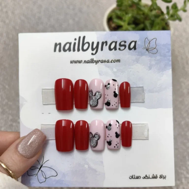 ناخن مصنوعی طرح کارتونی میکی موس اکلیلی نقره ای و قرمز براق مربعی کوتاه راسا - RSN0504