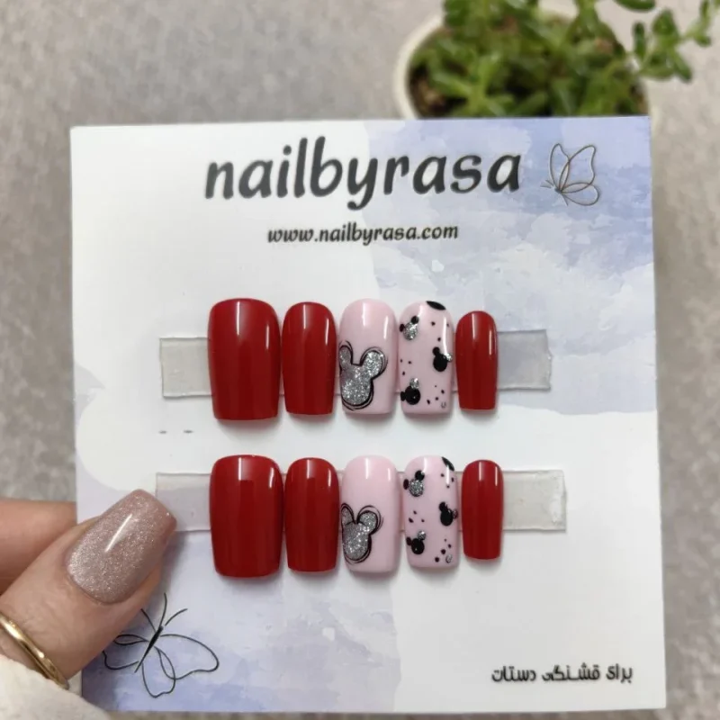 ناخن مصنوعی طرح کارتونی میکی موس اکلیلی نقره ای و قرمز براق مربعی کوتاه راسا - RSN0504