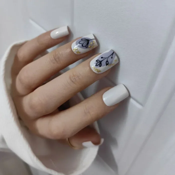 ناخن مصنوعی طرح لاین آرت گل و ورق طلا بنفش شیری براق مربعی کوتاه راسا - RSN0506