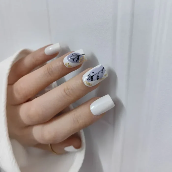 ناخن مصنوعی طرح لاین آرت گل و ورق طلا بنفش شیری براق مربعی کوتاه راسا - RSN0506