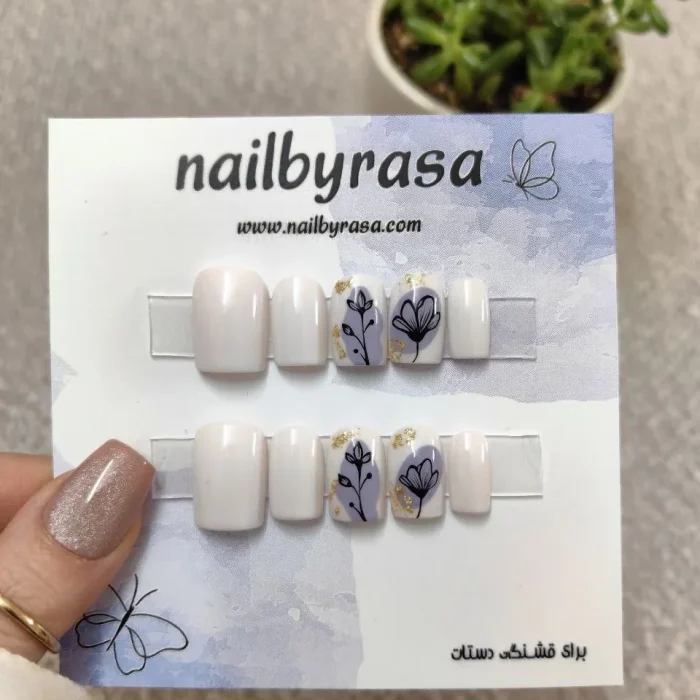 ناخن مصنوعی طرح لاین آرت گل و ورق طلا بنفش شیری براق مربعی کوتاه راسا - RSN0506