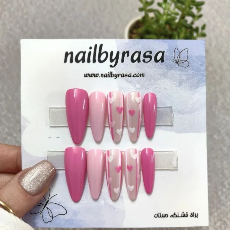 ناخن مصنوعی طرح قلب و امواج صورتی و سفید براق بادامی بلند راسا - RSN0497