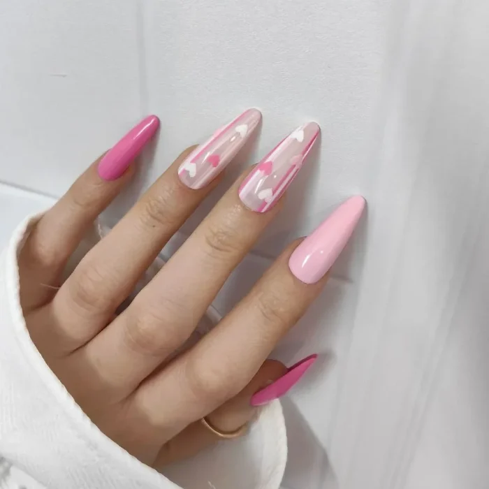 ناخن مصنوعی طرح قلب و امواج صورتی و سفید براق بادامی بلند راسا - RSN0497