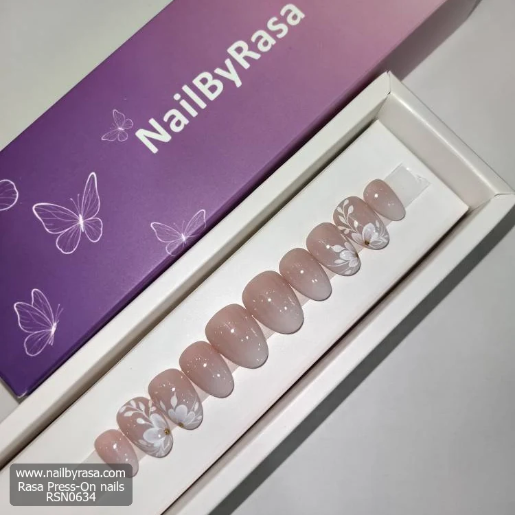 RSN0634 ناخن مصنوعی نود طرح گل سفید بیضی متوسط راسا – RSN0634