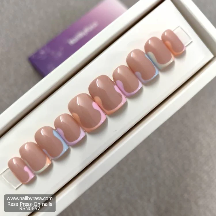 RSN0657 ناخن مصنوعی نود فرنچ پاستلی موج دار مربع گرد کوتاه راسا – RSN0657